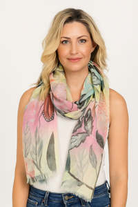 Sunset Garden Scarf – Pure Silk Wrap | Coral Roses & Wild Botanicals on Ombre Sky