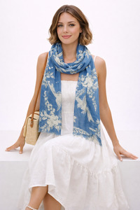 Fabric: Ivory Cockatoo Botanical Scarf – Fine Merino Wool Designer Wrap | Blue Floral Bird Print