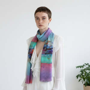 Fabric: Sunset Sailboats Abstract Scarf – Merino Wool Silk Designer Wrap | Ocean SeascapeAustralian Coastal Art Print