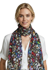 Fabric: Stained Glass Abstract Multicolor Scarf – Merino Fine Wool Designer Wrap | Artistic Mosaic Print
