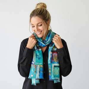 Fabric: Blue Door Architectural Art Scarf –Fine Merino Wool Designer Wrap | Moroccan Abstract Print