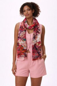 Fabric: Cherry Blossom Butterfly Japanese Floral Scarf – Merino Fine Wool Designer Wrap | Pink Spring Garden Print