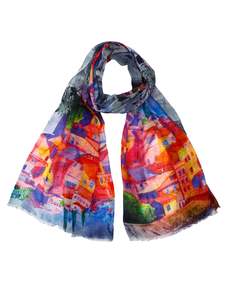 Mediterranean Village Art Scarf – Merino Wool Silk Designer Wrap | Colorful Ar&hellip;