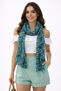 Turquoise Mosaic Abstract Scarf – Merino Wool Silk Designer Wrap | Geometric T&hellip;