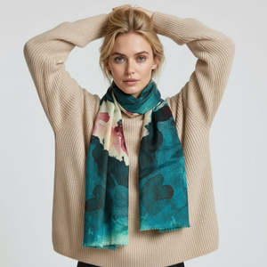Fabric: Watercolor Blossom Abstract Floral Scarf –  Fine Merino Wool Designer Wrap | Elegant Multicolor Artistic Print