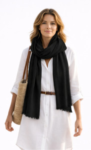Scarves: Solid Colour Merino Wool Silk Scarf- Black