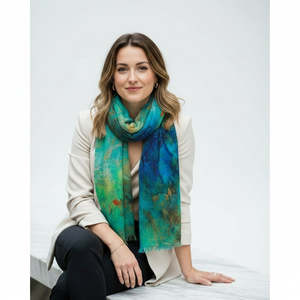 Best Sellers: Ocean Breeze Abstract Scarf – Merino Wool Silk | Blue & Gold Artistic Print Wrap