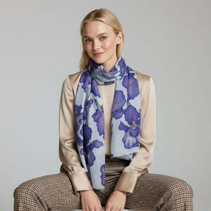 Best Sellers: Iris Bloom Floral Scarf –  Fine Merino Wool Designer Wrap | Blue Botanical Print