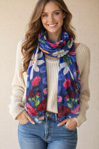 Azure Garden Bloom – Fine Merino Vibrant Floral Scarf