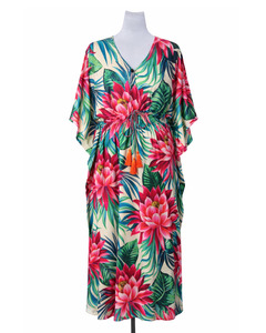 Kaftan: Tropical Bloom Modal Satin Kaftan – Elastic Waist Long Kaftan Dress