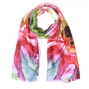 Floral: Watercolor Bloom Abstract Floral Scarf – Merino Fine Wool Designer Wrap | Multicolor Artistic Print