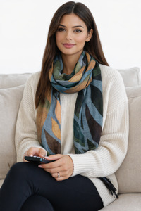 Forest Canopy Scarf – Merino Wool Silk Wrap | Abstract Green & Beige Leaf Pattern on Grey