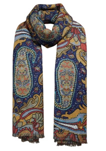 Geometric: Midnight Royal Paisley Textured Woven Merino Silk Scarf