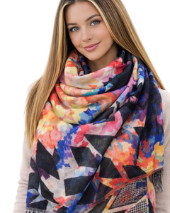 Embroidered: Vibrant Fusion Floral Abstract Hand-Painted Merino Wool Designer Scarf