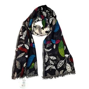 Embroidered: Midnight Botanical Multicolour Leaf Hand Embroidered Merino Silk Scarf