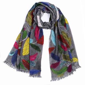 Embroidered: Hand-Painted Leaf Pattern Merino Wool Scarf – Multicolor Artistic Winter Scarf