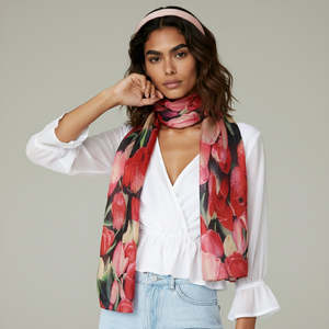 Cotton Modal: Tulip Garden Bloom Scarf – Cotton Modal Designer Wrap | Multicolour Botanical Floral Print