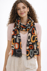 Cotton Modal: Retro Geometry Scarf – Cotton Modal Wrap | Mid-Century Modern Abstract in Orange, Black & White