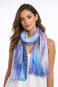 Cotton Modal: Mystic Waves Abstract Scarf – Cotton Modal Wool Designer Wrap | Blue & Purple Artistic Print