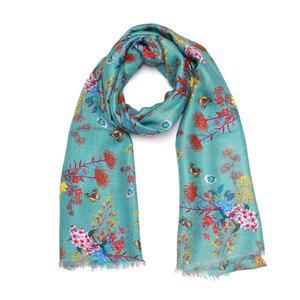 Merino Silk: Teal Blossom Meadow Scarf – Merino Wool Silk Designer Wrap | Multicolour Botanical Floral Print