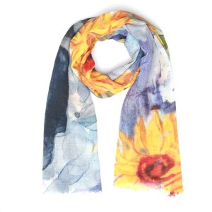 Merino Silk: Sunflower Symphony Scarf – Merino Wool Silk Wrap | Golden Blooms on Watercolor Blue Old Masters Van Gogh Scarf
