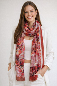 Crimson Bloom Tapestry – Silk Artistic Floral Scarf