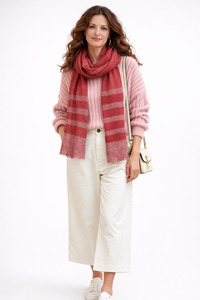 Solids: Stripped Border Merino Wool Designer Scarf - Red