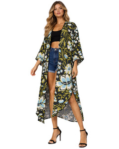 Midnight Meadow Floral Modal Satin Long Kimono