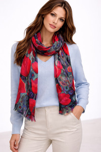Crimson Petal Cascade – Merino Wool Winter Scarf