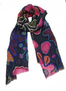 Fabric: Kantha Hand-Embroidered Merino Wool Scarf – Midnight Multicolor Floral Artistic Winter Scarf
