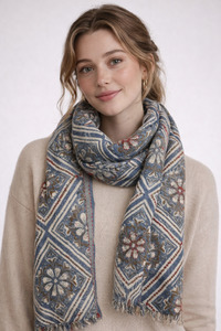 Scarves: Heritage Diamond Floral Textured Woven Merino Silk Scarf
