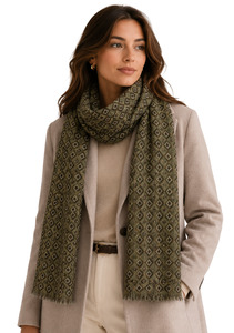 Unisex Olive Heritage Diamond Textured Woven Merino Silk Scarf
