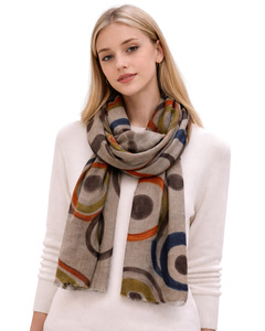 Embroidered: Unisex Earthy Abstract Circles – Hand-Painted Merino Wool Summer Scarf