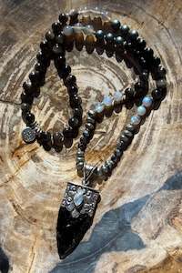 Obsidian: Mālā with Silver Sheen Obsidian, Labradorite, Grey Agate and Hematite Beads with a Nepalese Made Pendant