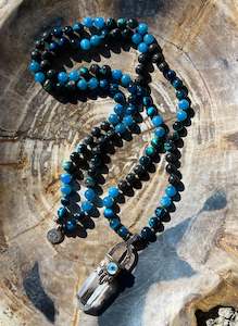 Malas: Mālā with Tigers Eye, Apatite Beads and a Clear Quartz Pendant