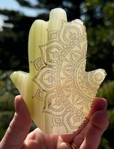 Home Decor: Calcite Hamsa Green, laser Engraved