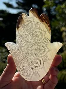 Home Decor: Calcite Hamsa, laser Engraved