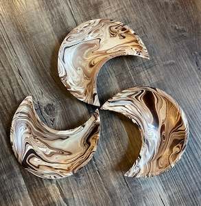 Crescent Moon Mango Wood Bowl, Light Brown Marble