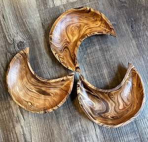 Crescent Moon Mango Wood Bowl, Dark Brown Marble