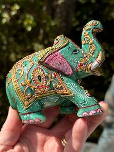 Animal Carvings: Quartz Elephant, Hand Painted Green