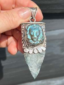 Sterling Silver and Labradorite Lion and Moss Agate Arrowhead Pendant handmade