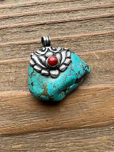 Turquoise: Turquoise Nugget, Coral and Sterling Silver Pendant