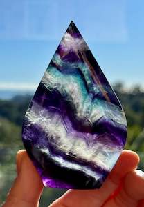 Fluorite: Rainbow Fluorite carved Flame 10