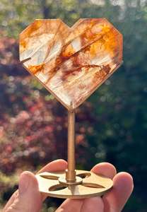 Golden Healer, Fire and Girasol Quartz Faceted Heart on a stand