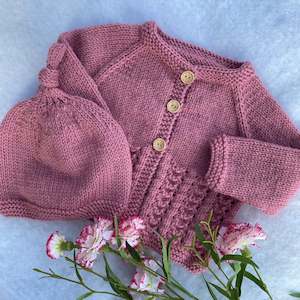 Baby Clothes: "Little Jo" hand knit merino cardigan and hat set