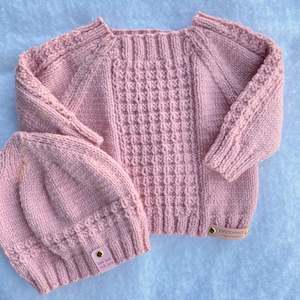 Baby Clothes: "Angel" hand knit merino baby sweater and hat set (6-9m)