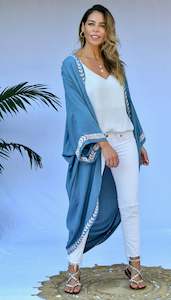 Kimono: AMAIA DUSTY DESERT BLUE EMBROIDERED LONG KIMONO
