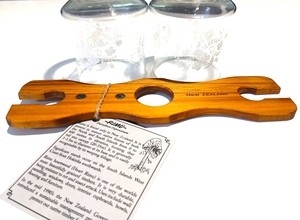 Wine Glass Holder - Paua Dots & NZ Text - Naturally Wood