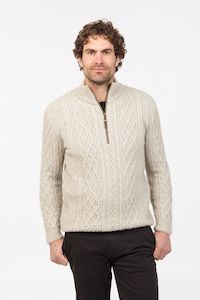 Mens Jerseys And Sweaters: POSSUM, MERINO MEN'S ARRAN SWEATER WITH HALF ZIP NS434