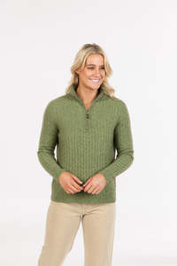 Womens Merino: POSSUM & MERINO WOMEN’S CABLE HALF ZIP SWEATER